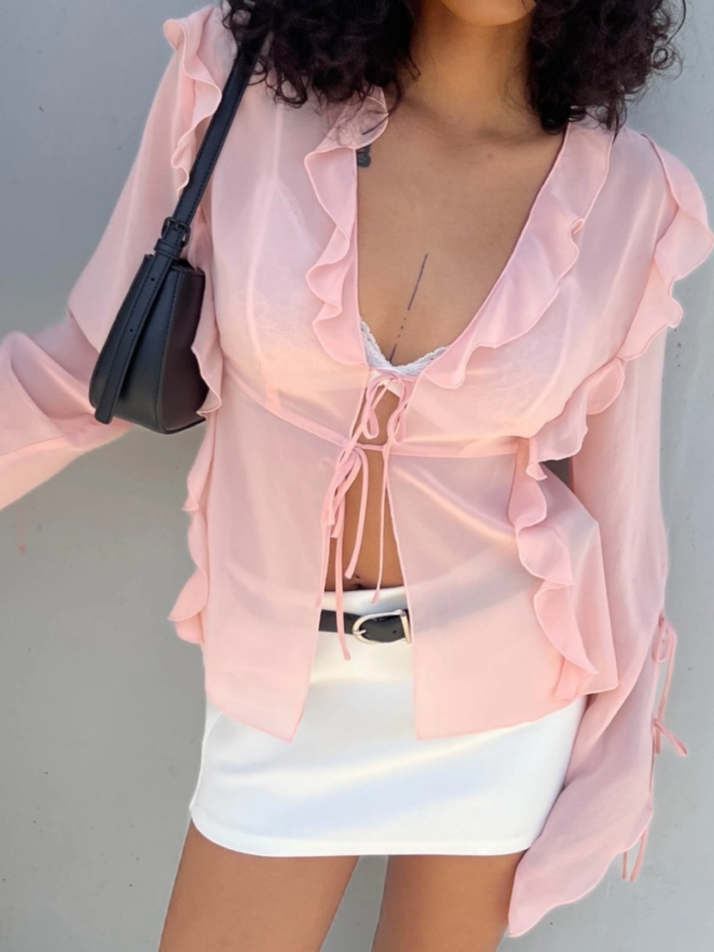 OAK + FORT Pale Pink Ruffle Tie-Front Blouse